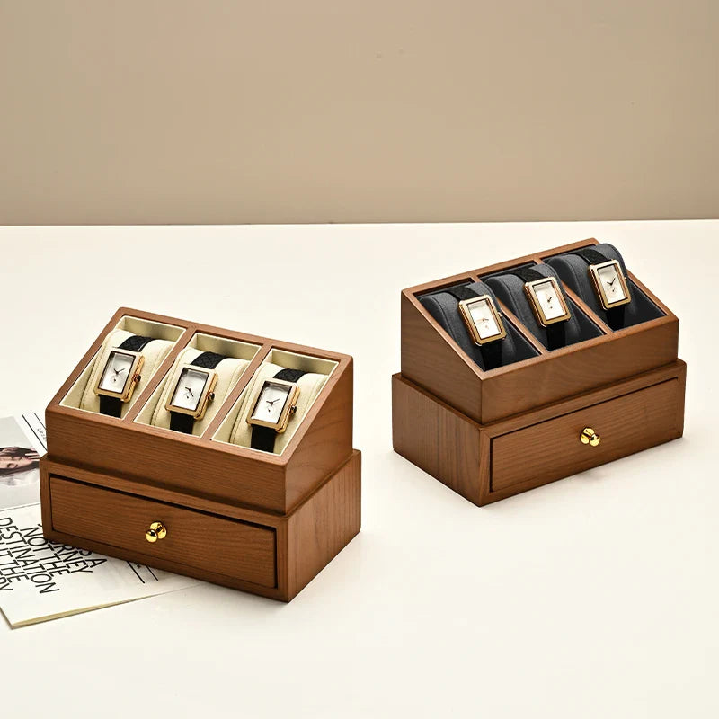 Coffret Bois Vitrine Montres 2 Niveaux Tiroir