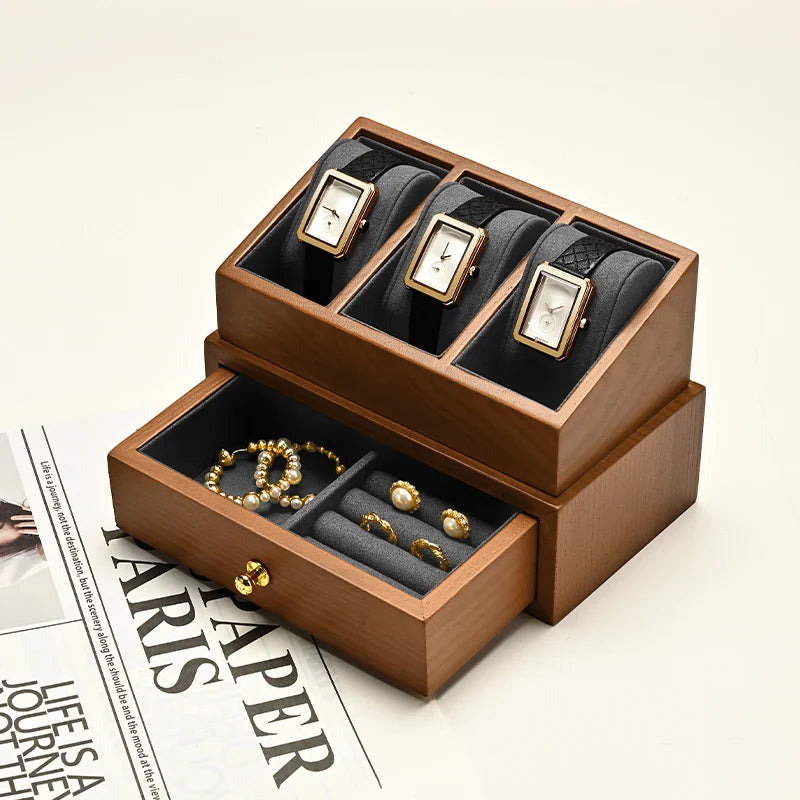 Coffret Bois Vitrine Montres 2 Niveaux Tiroir