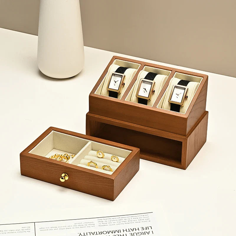 Coffret Bois Vitrine Montres 2 Niveaux Tiroir