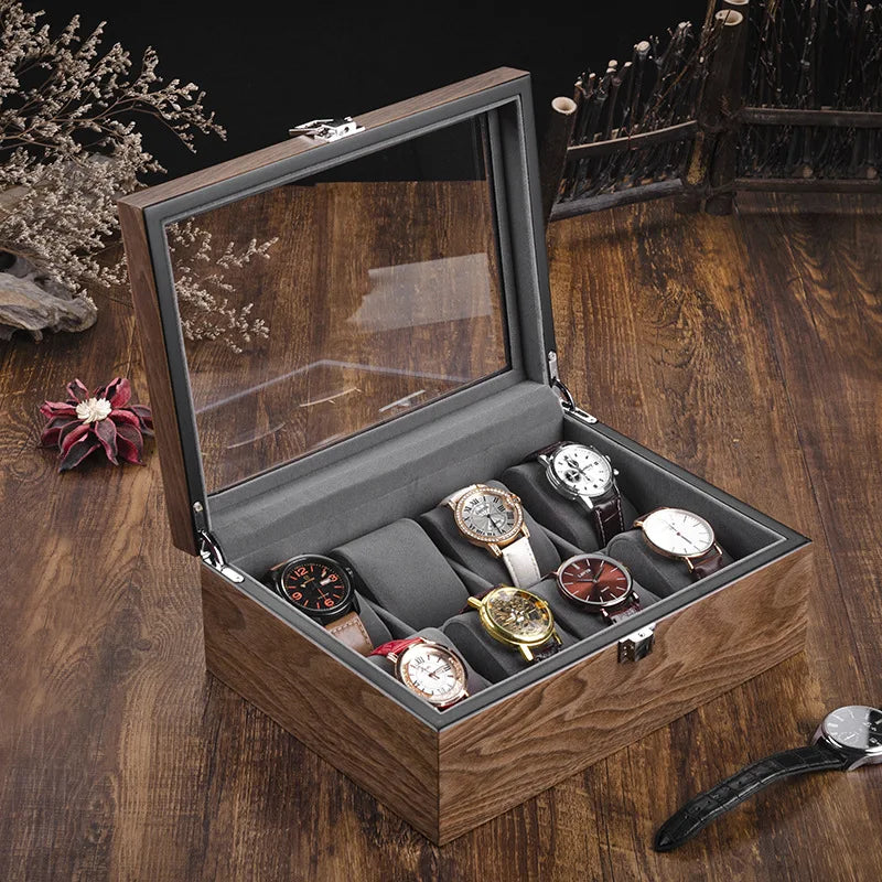 Coffret Montres Bois Noyer Vitrine 4 à 10 Places