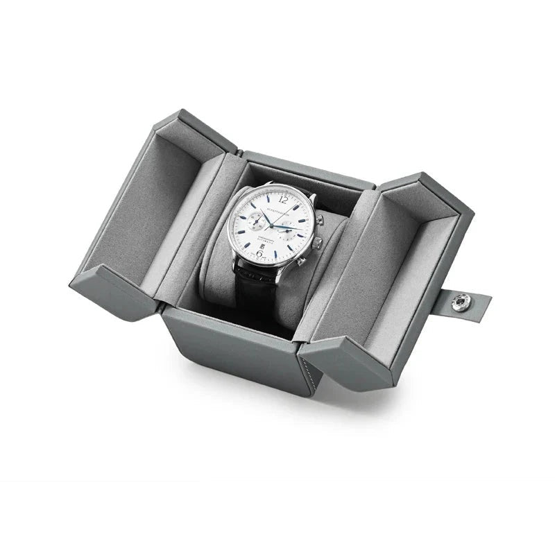 Boîte à montre individuelle – gris clair ouverte avec dimensions