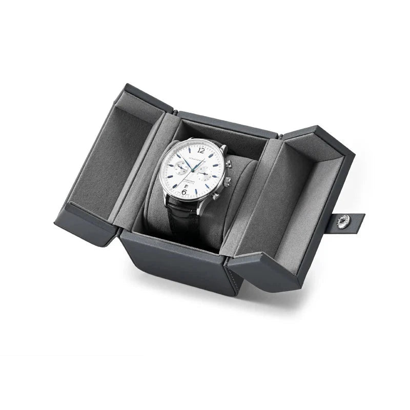 Boîte à montre individuelle – gris foncé ouverte avec dimensions