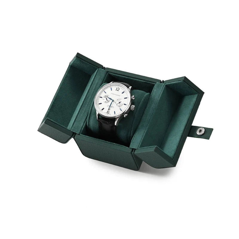 Boîte à montre individuelle – verte ouverte avec dimensions