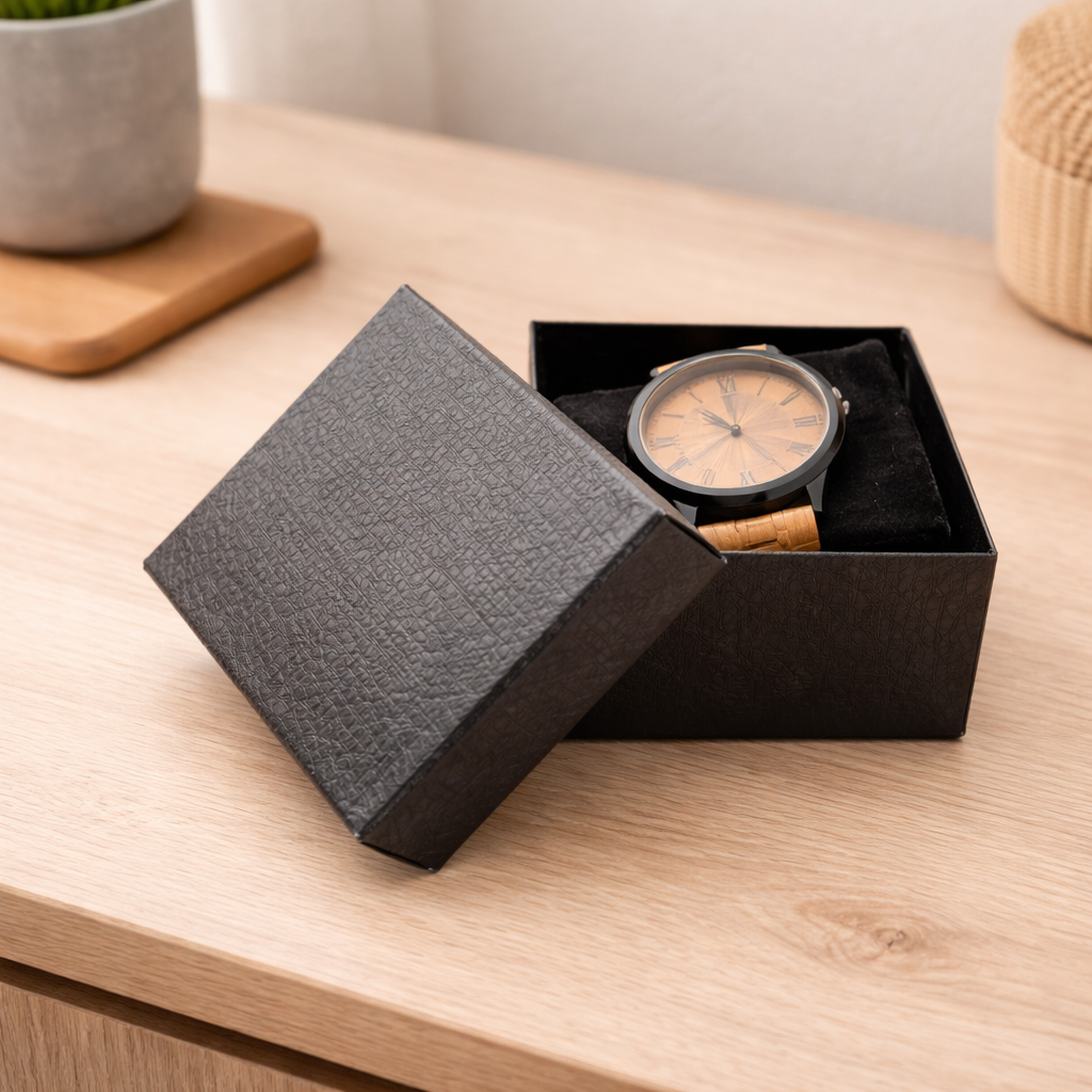 Boîte Montre Cuir Lychee Noir Écrin Cadeau