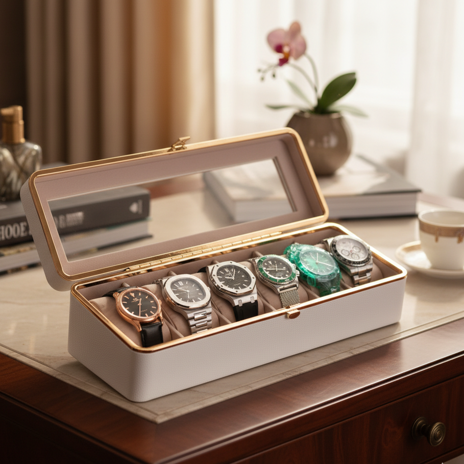 Boîte Montre Cuir Quadrillé 6 Places Chic