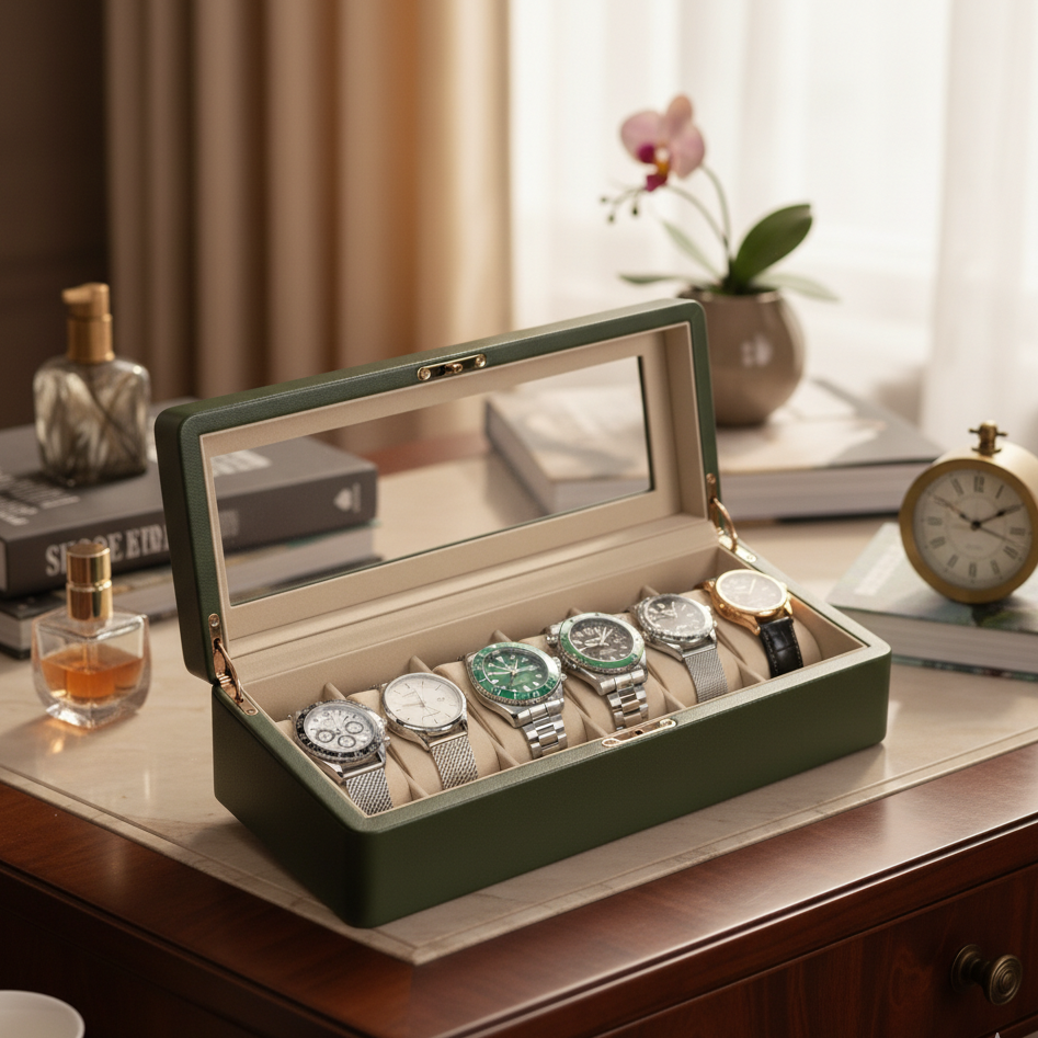Boîte Montre Cuir Quadrillé 6 Places Chic