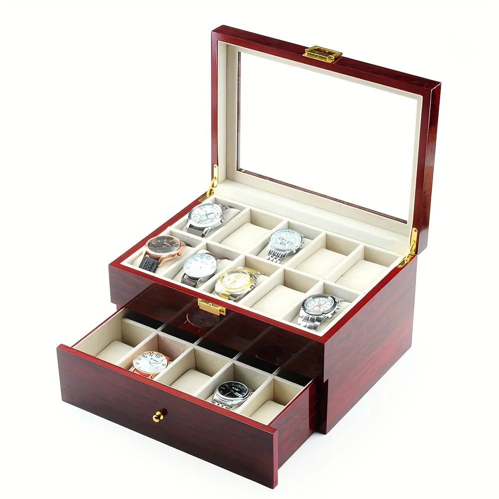 Coffret Montres Bois Massif Rouge Piano 20 Emplacements