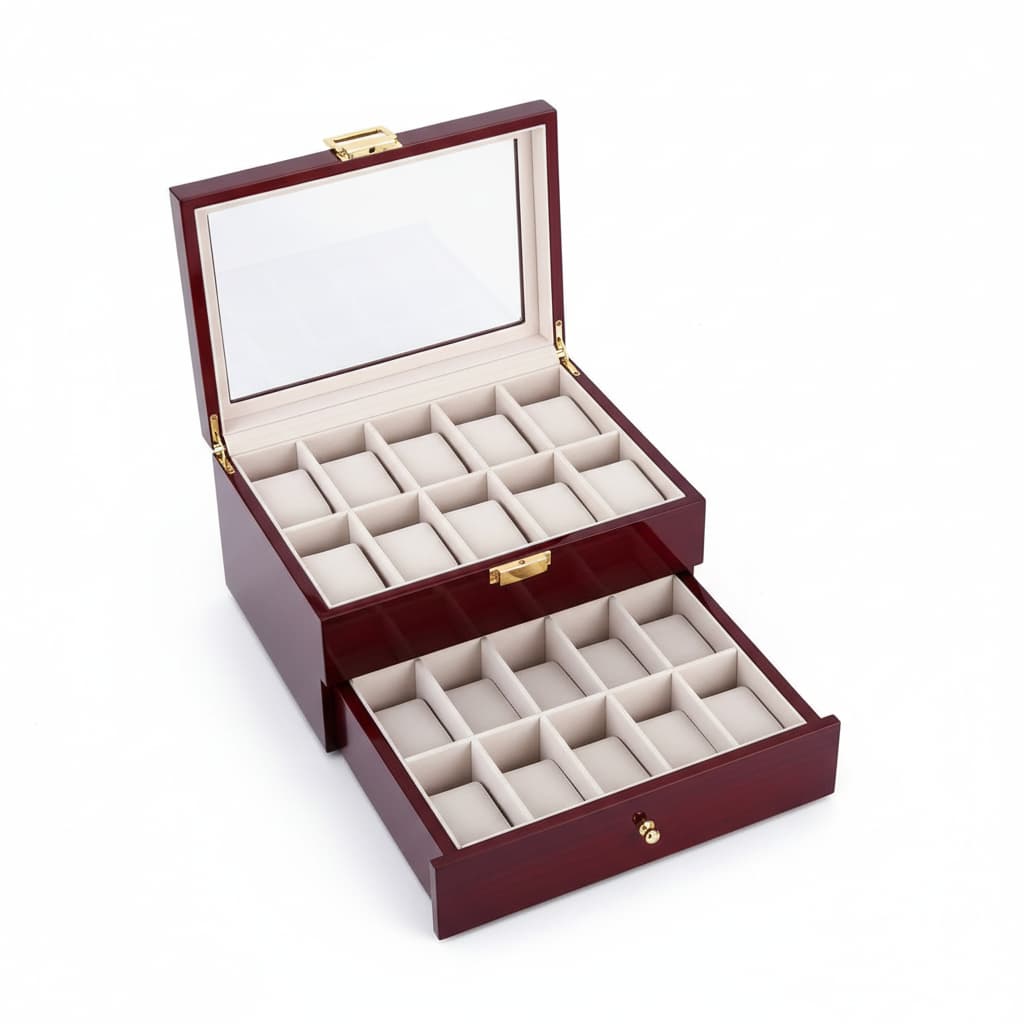 Coffret Montres Bois Massif Rouge Piano 20 Emplacements