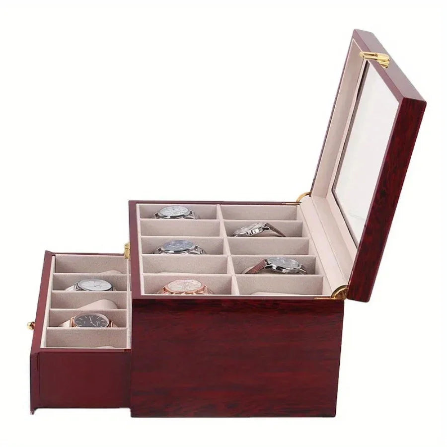 Coffret Montres Bois Massif Rouge Piano 20 Emplacements