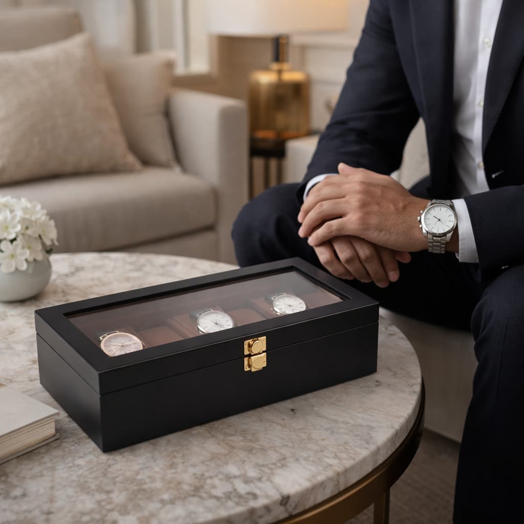 Coffret Montres Bois Asiatique Marron Vitrine
