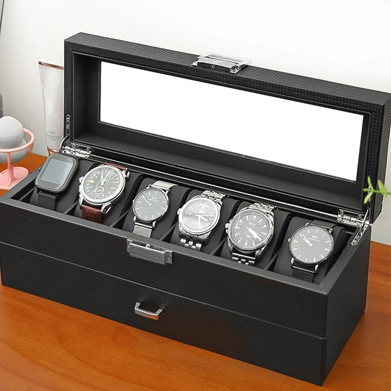 Boîte Montres Bois Double Étage Cuir Velours Tiroir