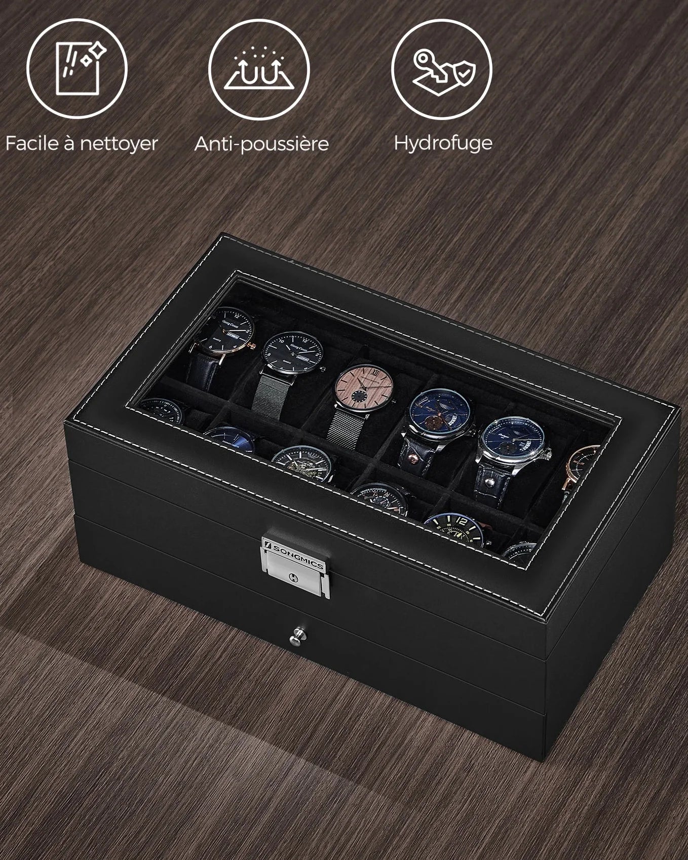 Boîte Montre Bois Serrure 12 Places Vitrine