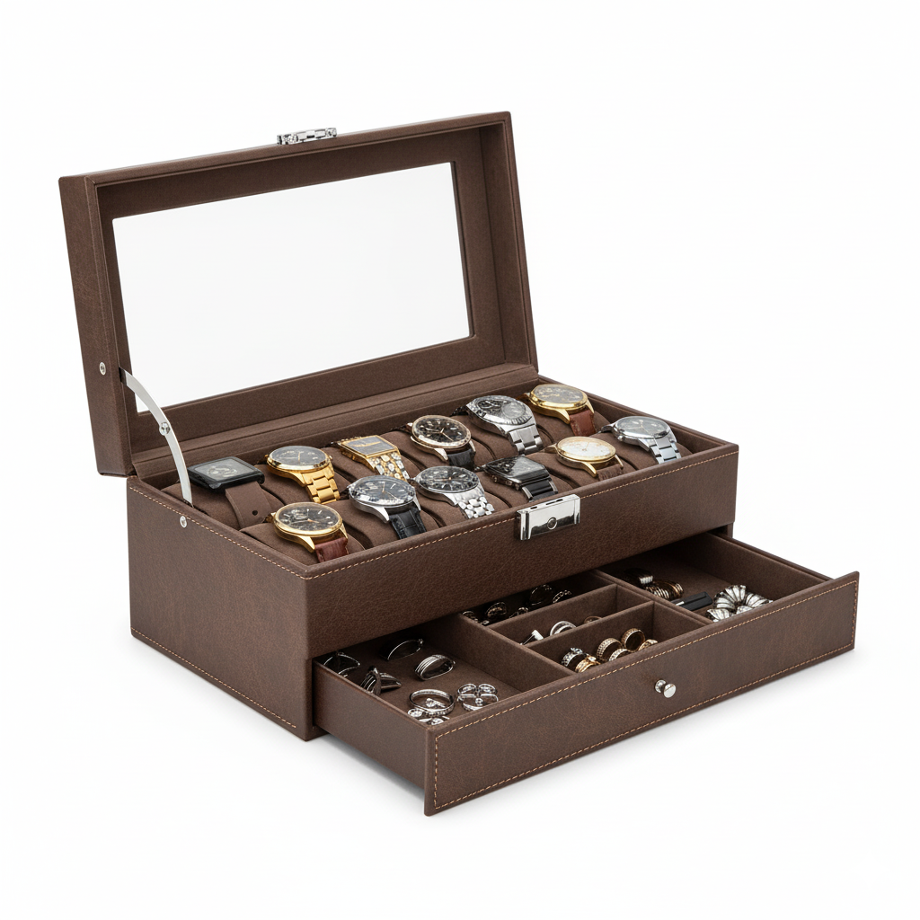 Boîte Montre Bois Serrure 12 Places Vitrine
