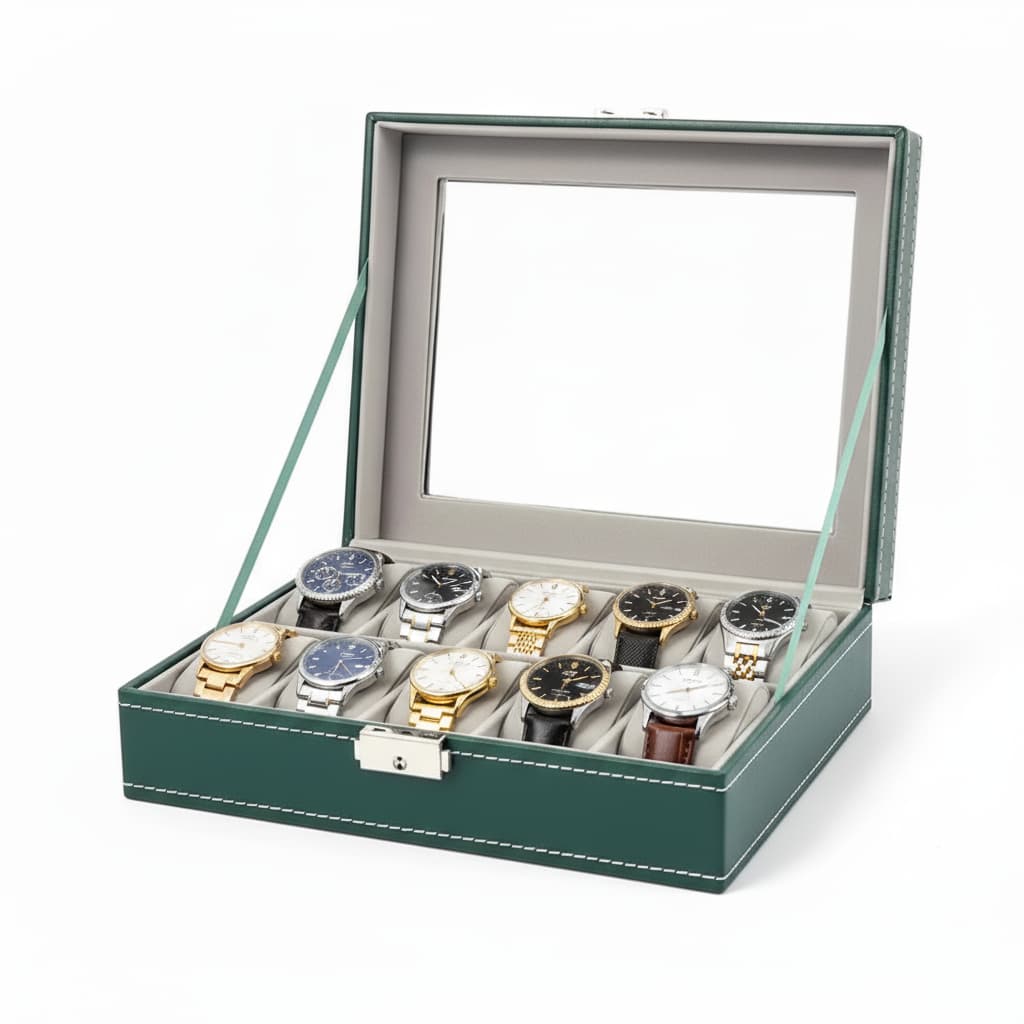 Coffret Montre Cuir Vert 6 10 12 Serrure