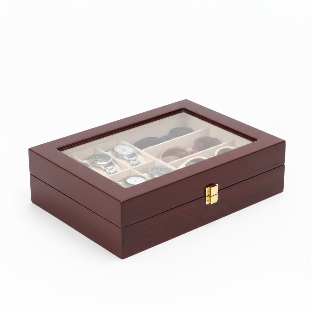 Boîte Bois Vitrine Montres Lunettes Cuir Rouge