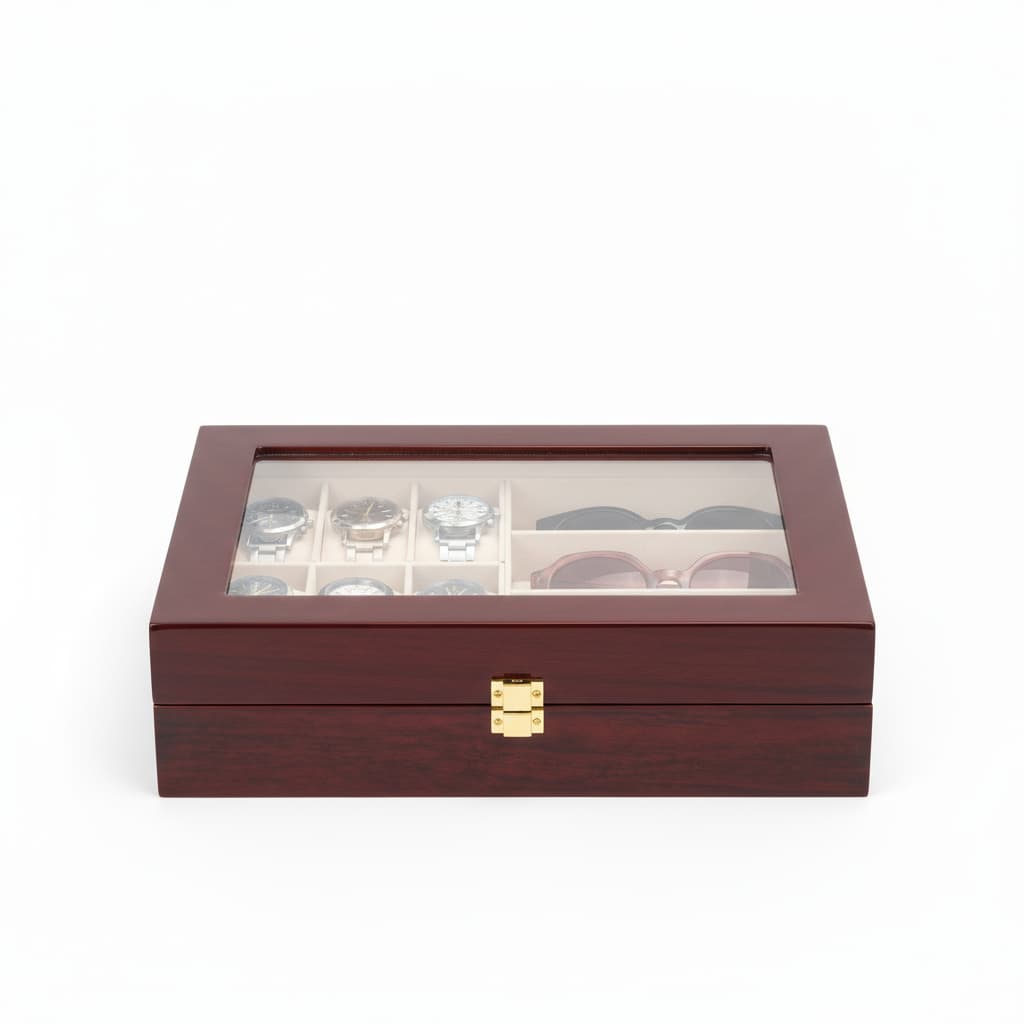 Boîte Bois Vitrine Montres Lunettes Cuir Rouge
