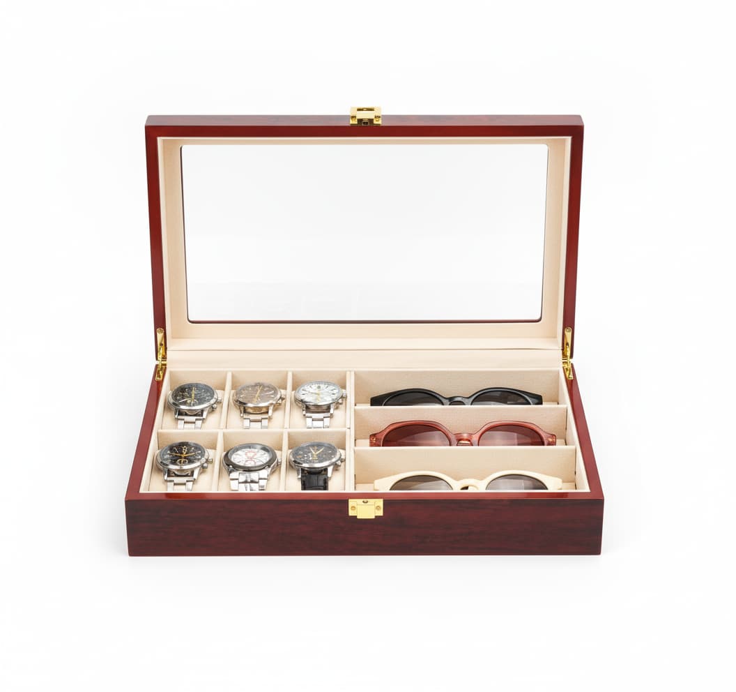 Boîte Bois Vitrine Montres Lunettes Cuir Rouge