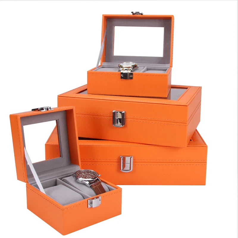 Boîte Montres Cuir Orange Vintage Vitrine