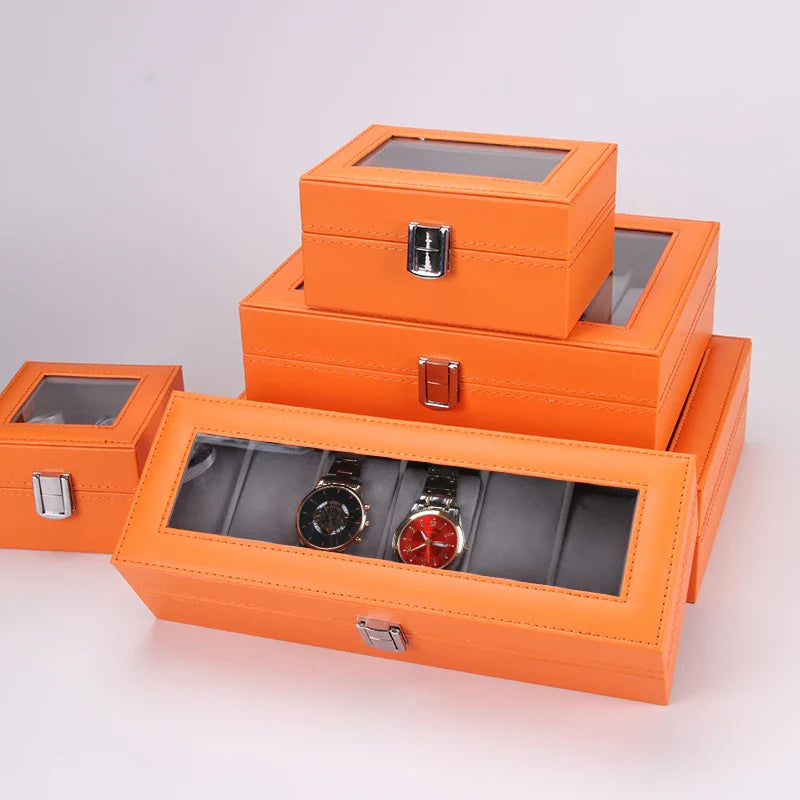 Boîte Montres Cuir Orange Vintage Vitrine