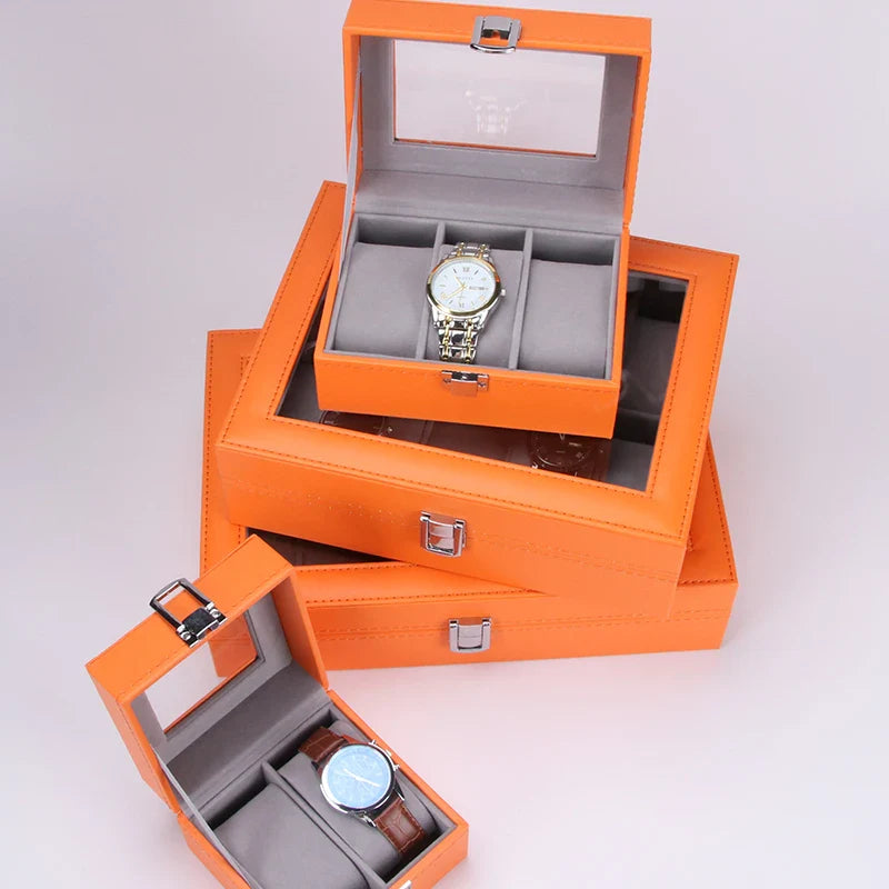 Boîte Montres Cuir Orange Vintage Vitrine