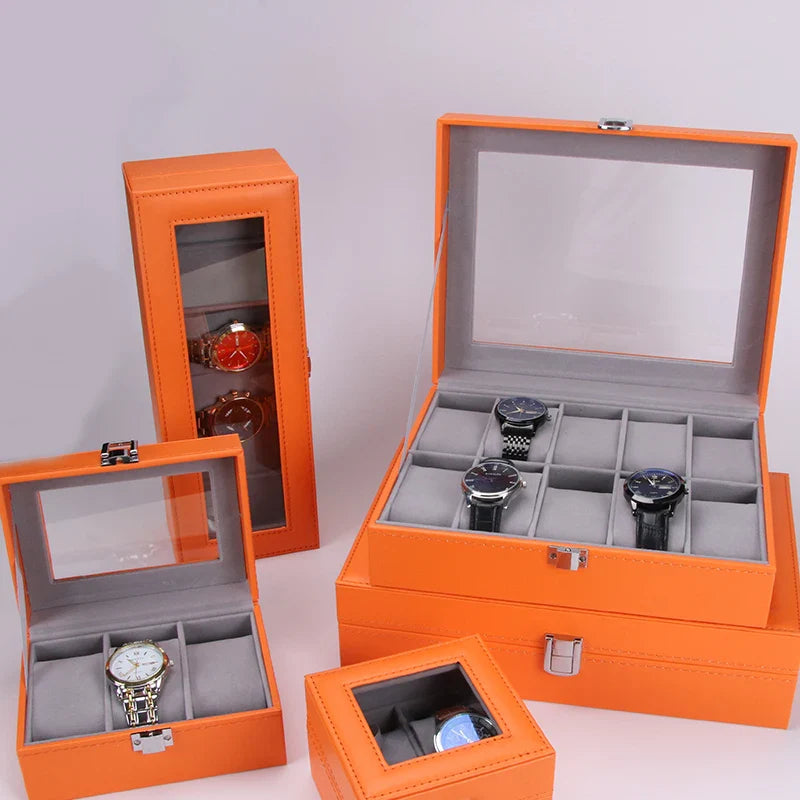 Boîte Montres Cuir Orange Vintage Vitrine