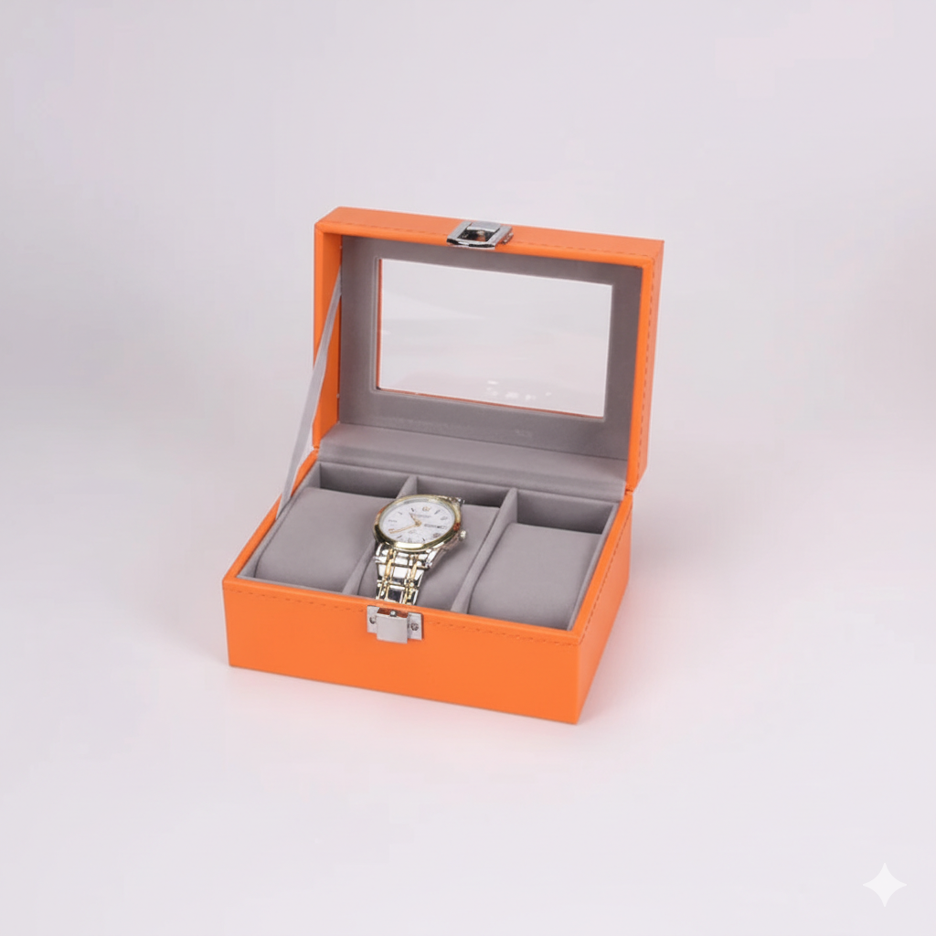 Boîte Montres Cuir Orange Vintage Vitrine
