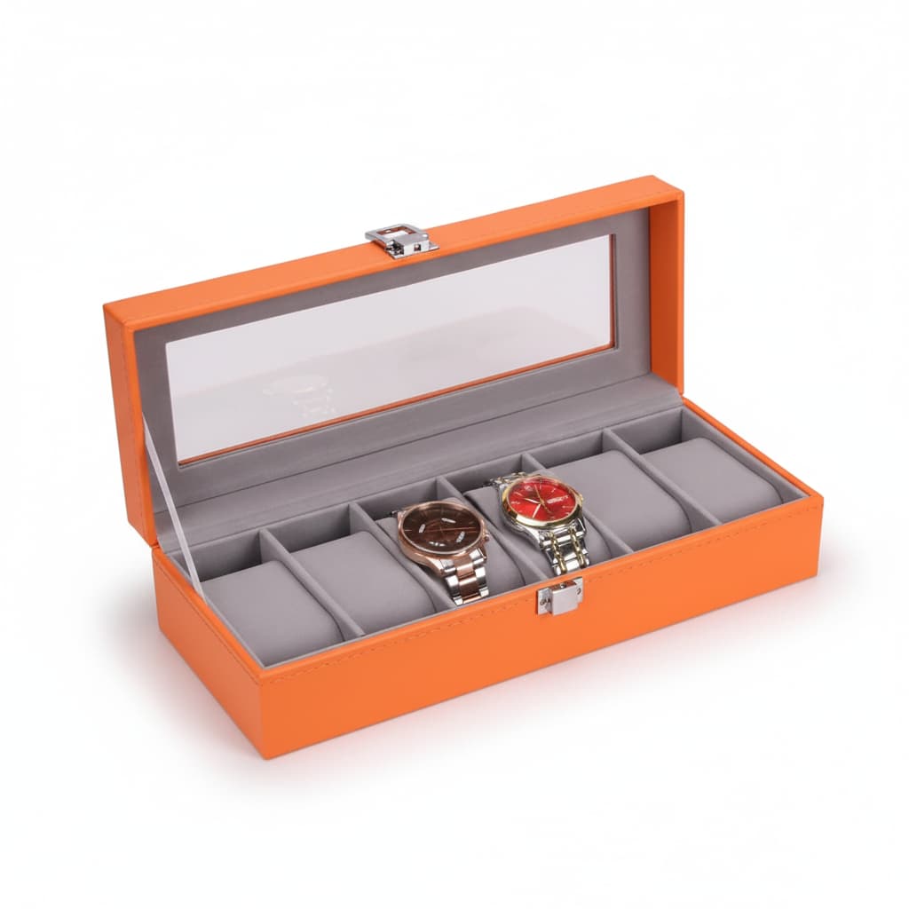 Boîte Montres Cuir Orange Vintage Vitrine