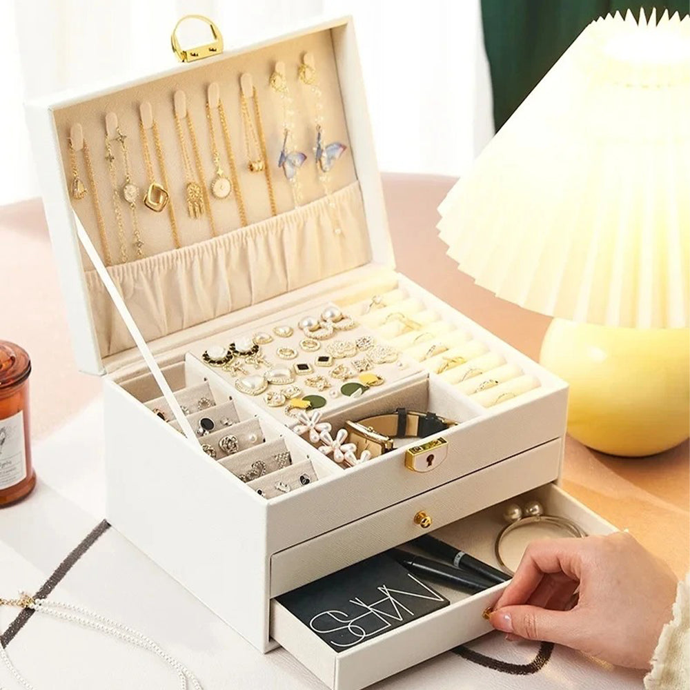 Boîte Bijoux Cuir Haut de Gamme Couvercle Vitré