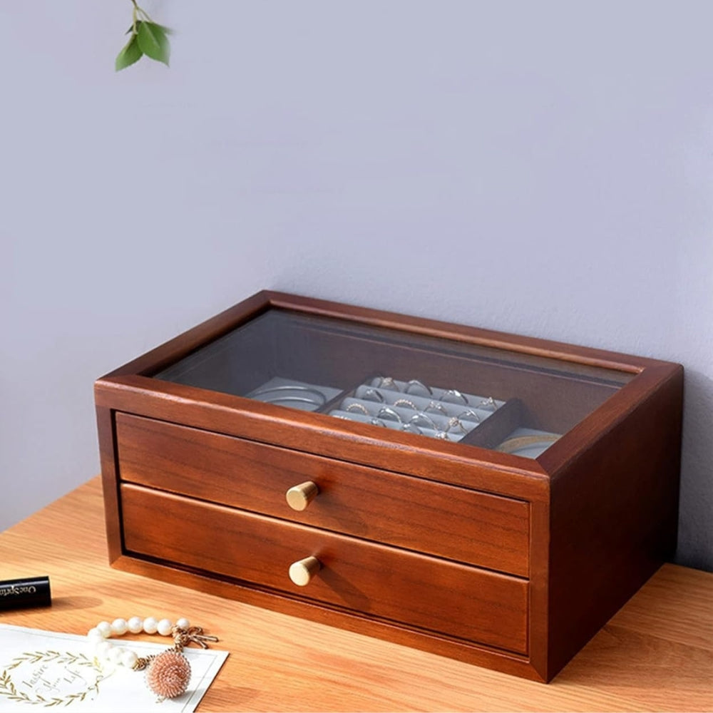 Boîte Bijoux Bois Vintage 2 Tiroirs Vitré