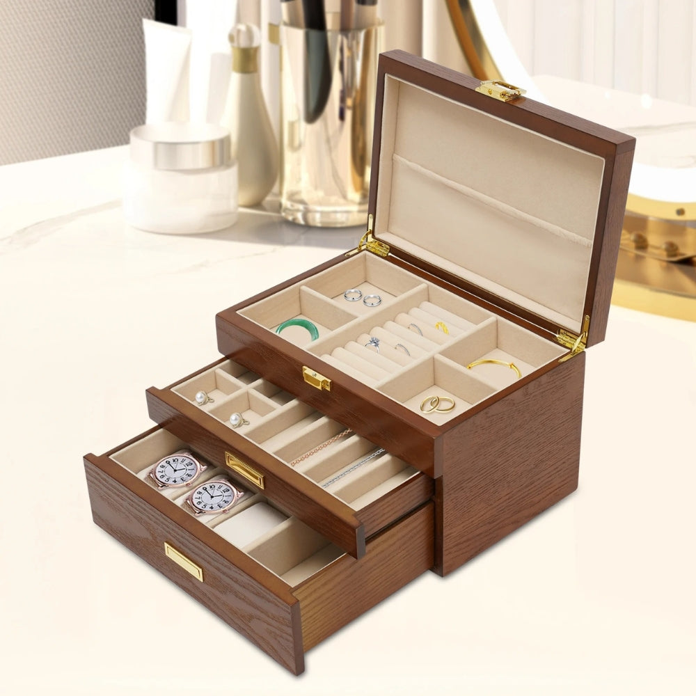 Boîte Bijoux Bois Tiroirs Velours Marron