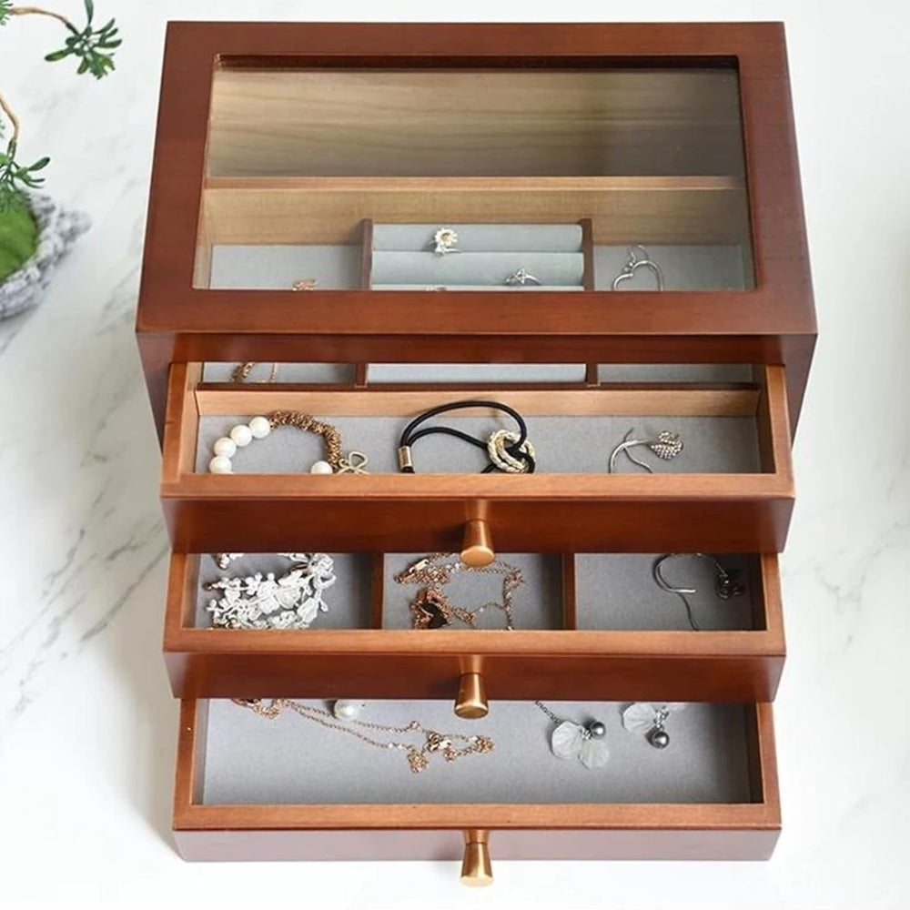 Boîte Bijoux Bois Vintage 3 Tiroirs
