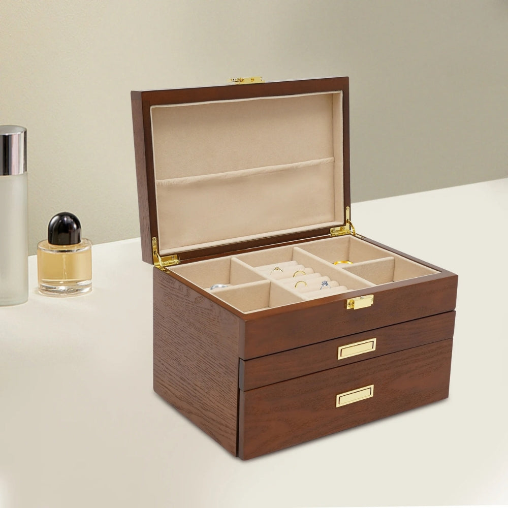 Boîte Bijoux Bois Tiroirs Velours Marron
