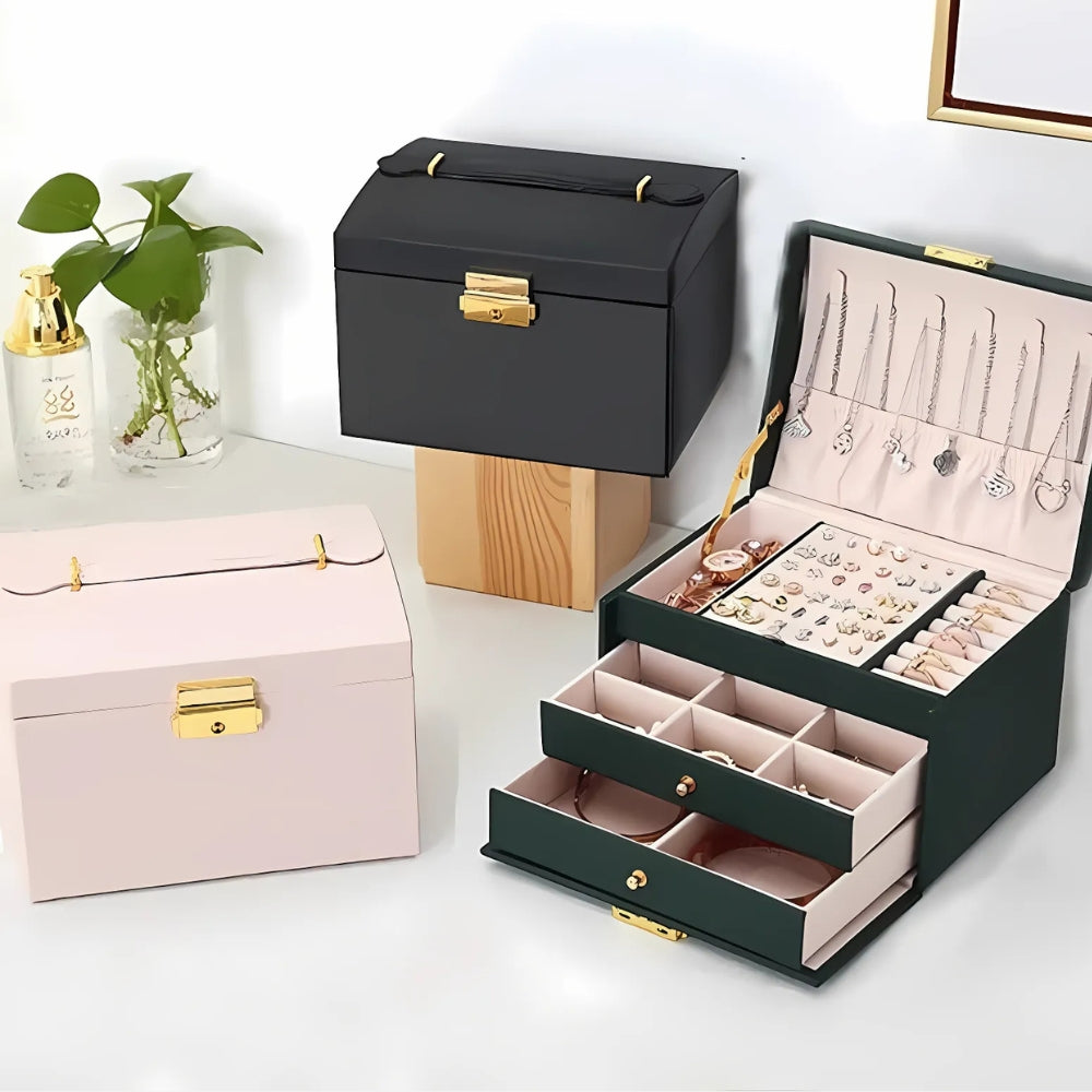 Boîte Bijoux Cuir 2 Tiroirs Coffret Velours