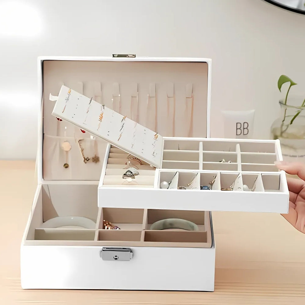 Boîte Bijoux Cuir Blanc Velours Voyage Plateau