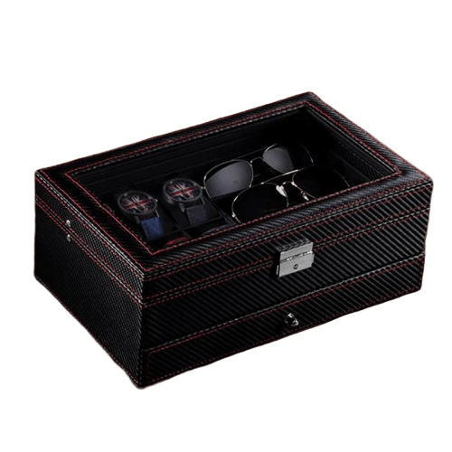 Coffret Montre Carbone Noir 6 Slots Tiroir Lunettes