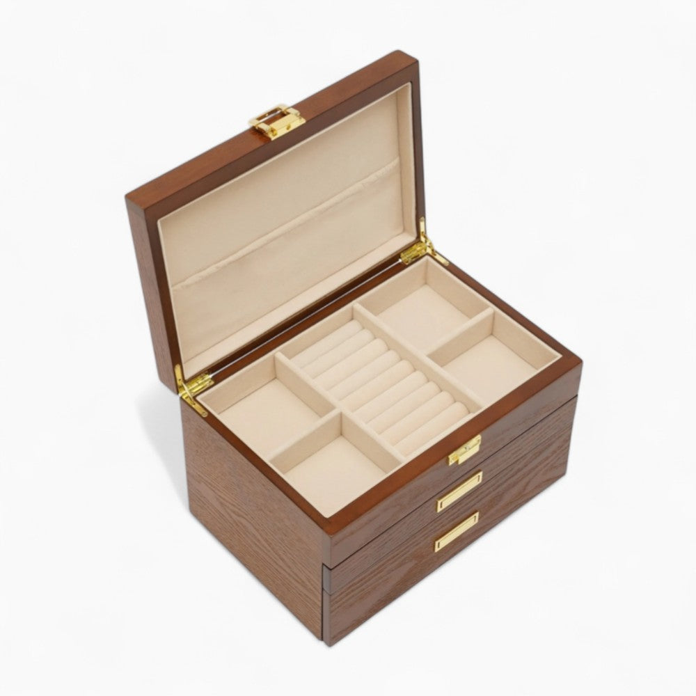 Boîte Bijoux Bois Tiroirs Velours Marron