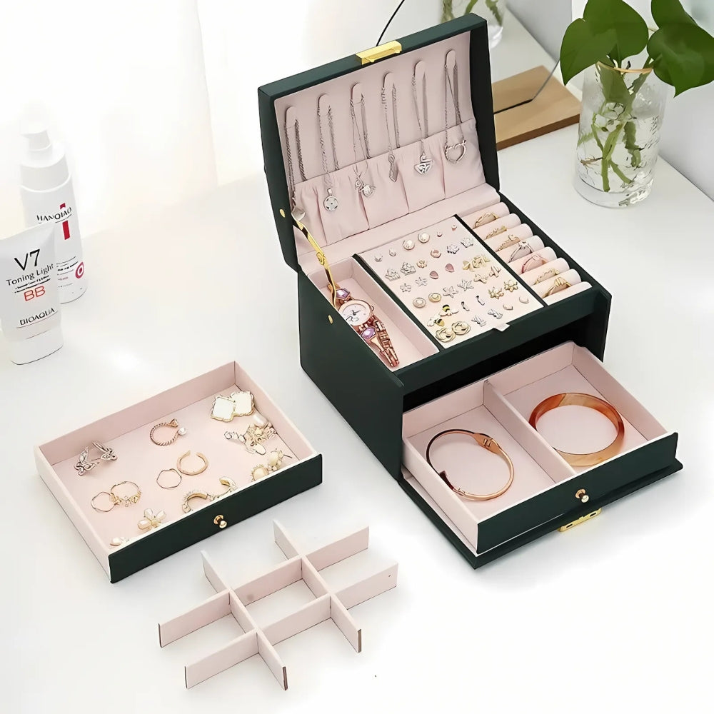 Boîte Bijoux Cuir 2 Tiroirs Coffret Velours