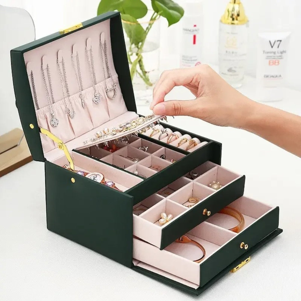 Boîte Bijoux Cuir 2 Tiroirs Coffret Velours