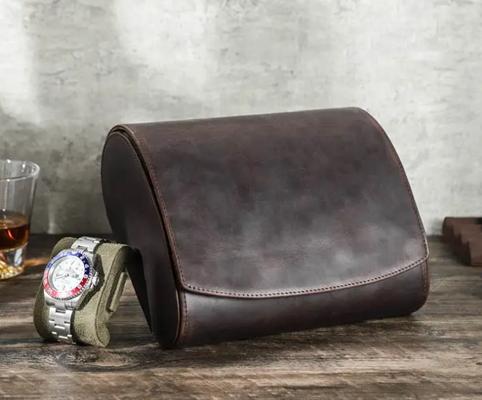 Mallette Montre Cuir Marron 6 Places Voyage Magnétique