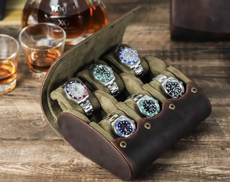 Mallette Montre Cuir Marron 6 Places Voyage Magnétique