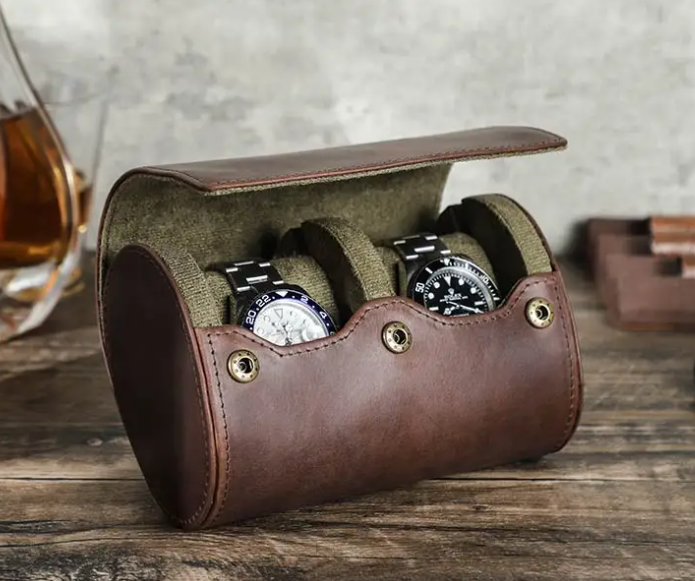 Étui Montre Cuir Marron Duo Voyage Tradition