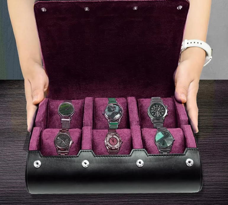 Étui Montre Cuir Voyage Noir Bordeaux 6 Places