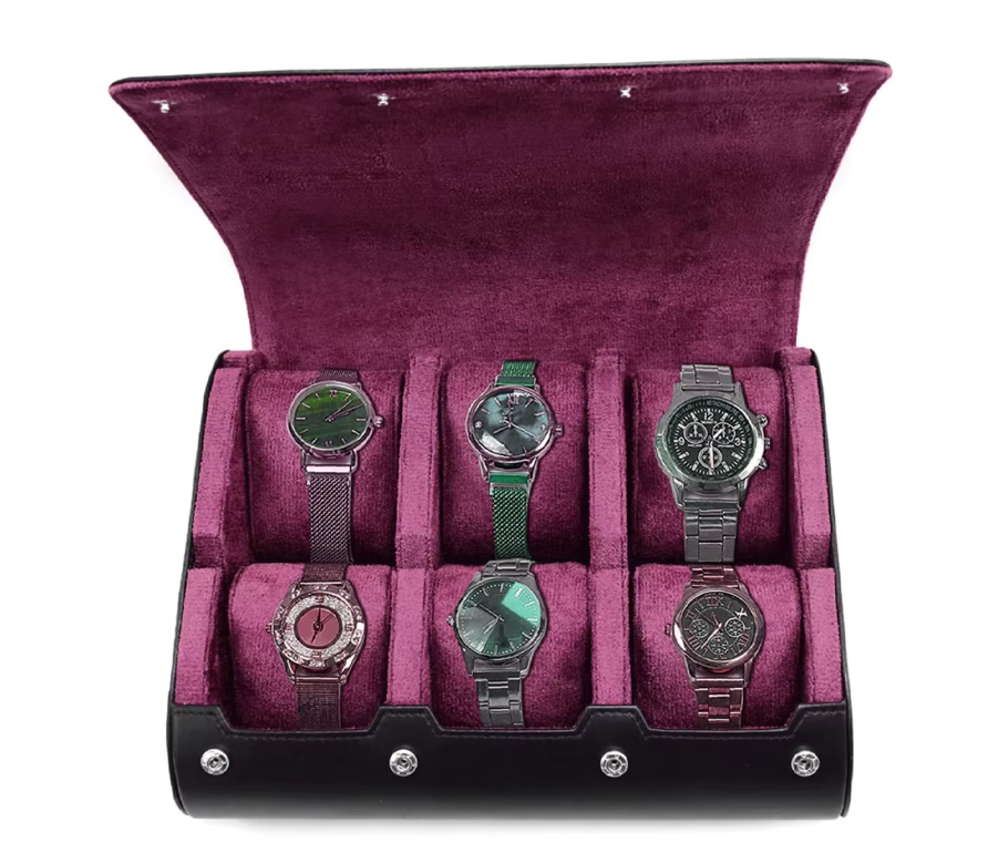 Étui Montre Cuir Voyage Noir Bordeaux 6 Places
