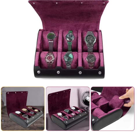 Étui Montre Cuir Velours Améthyste 6 Slots