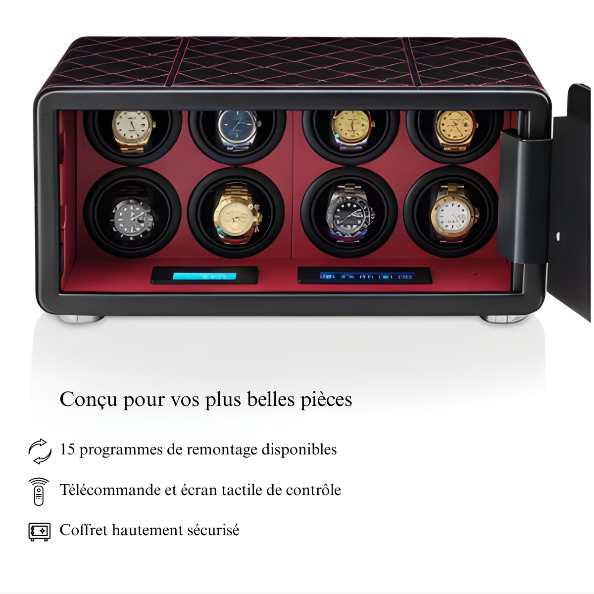 Coffre Fort Montres 8 Remontoirs Cuir Noir