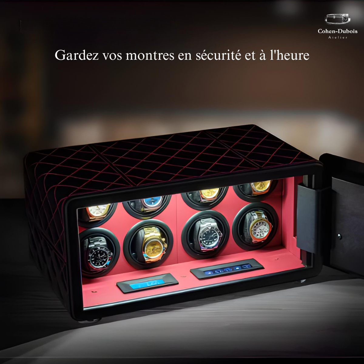 Coffre Fort Montres 8 Remontoirs Cuir Noir