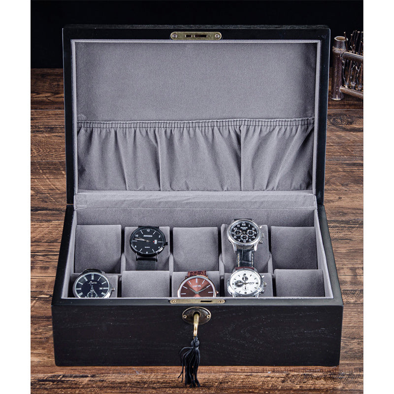 Coffre Fort Montre Bois Noir 10 Places Velours