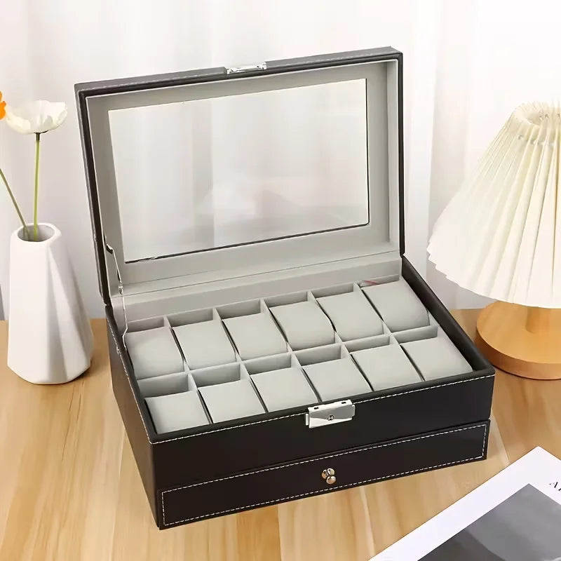 Coffret Montres Cuir Velours 12 Places Verrouillable Vitrine
