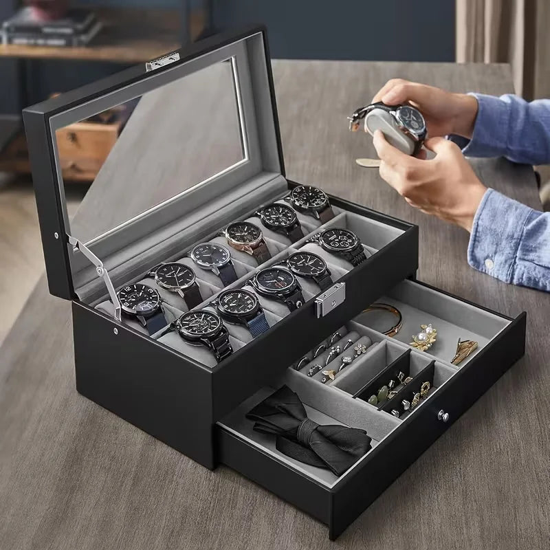 Coffret Montres Cuir Velours 12 Places Verrouillable Vitrine