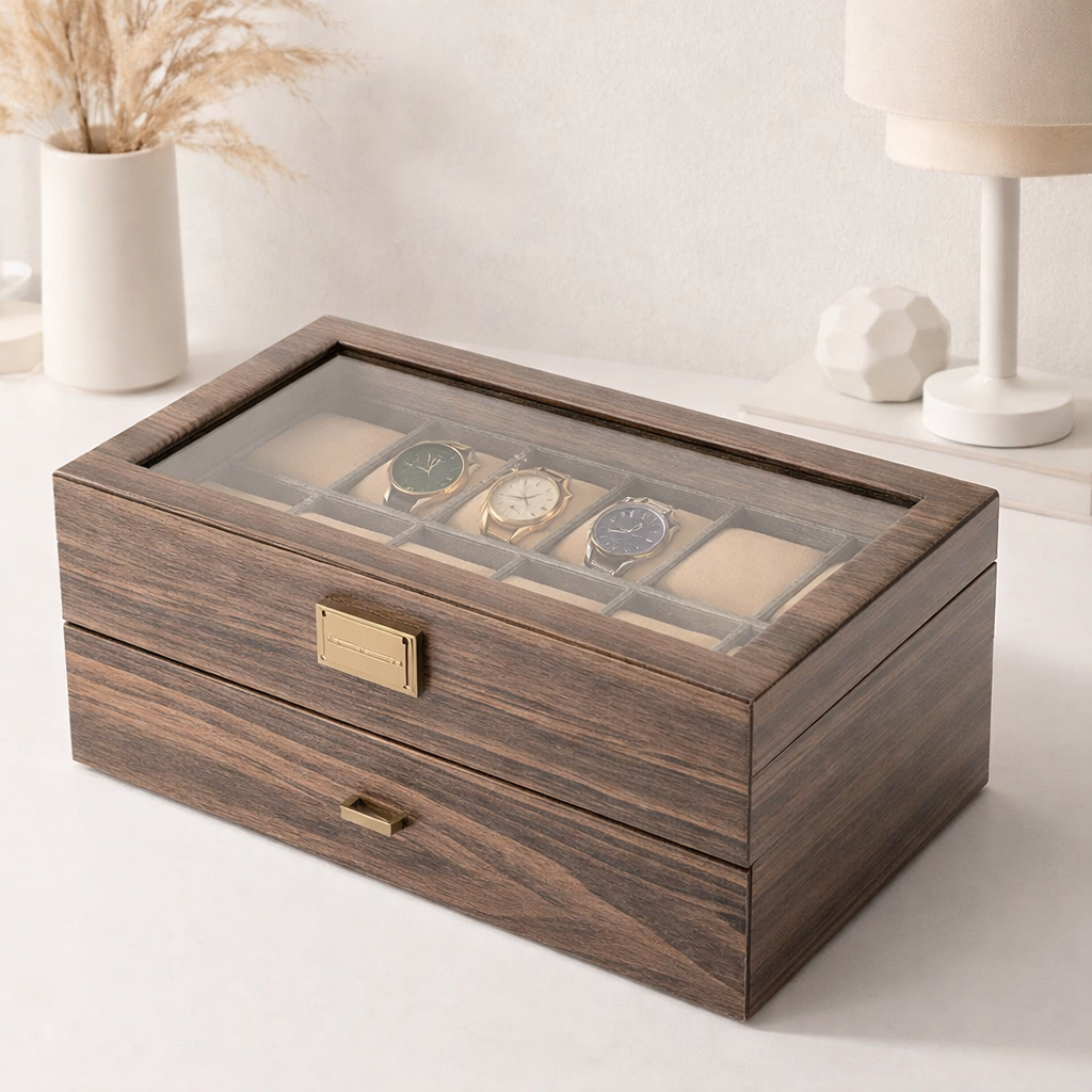 Coffret Bois 24 Montres Cuir Double Niveau Rustique